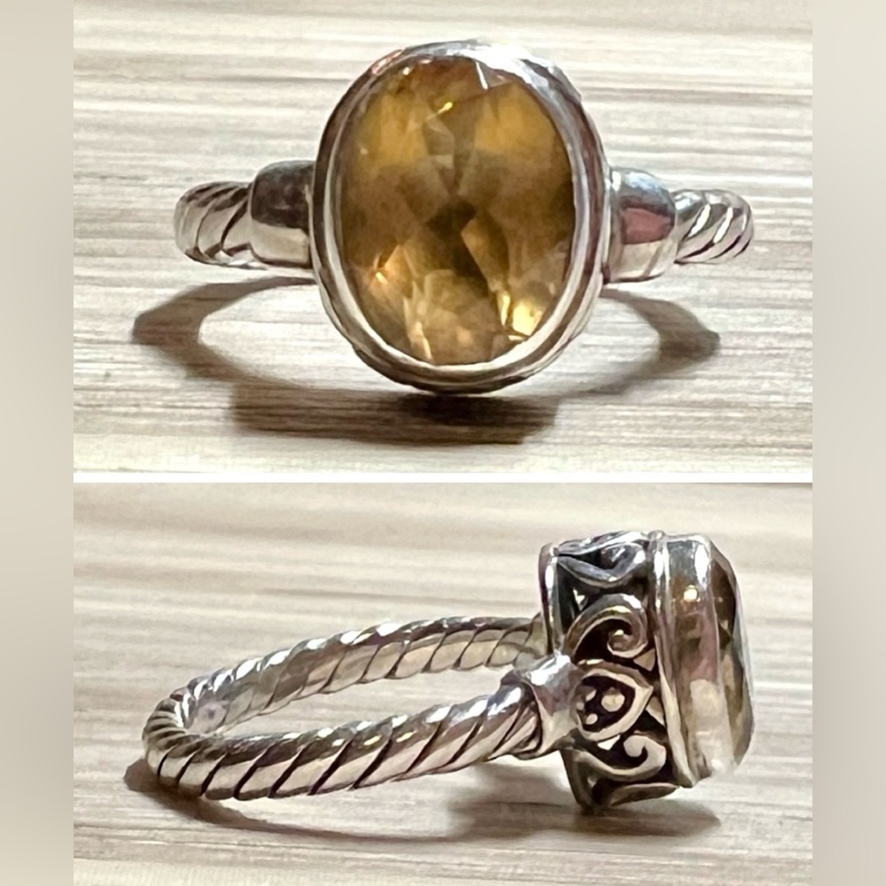 Vintage Designer Signed M ID Sterling Silver Twisted Cable Citrine Ring, Size 5